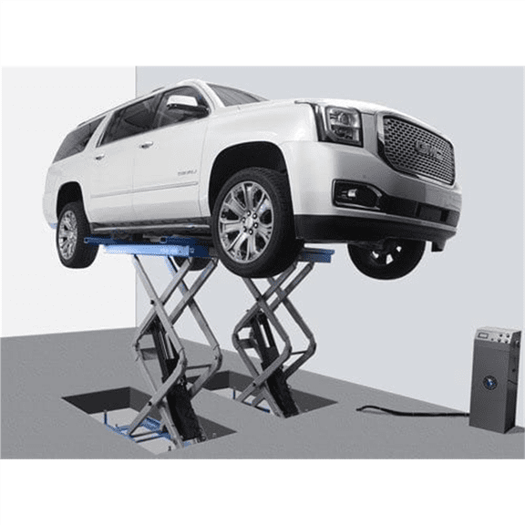 Atlas Automotive Equipment FM9SL In Ground Full-rise Commercial-grade Scissors Lift, Open Center Design, 9,000lbs., Adjustable Width, Air-Operated Single Point Lock Release, Extended Platforms