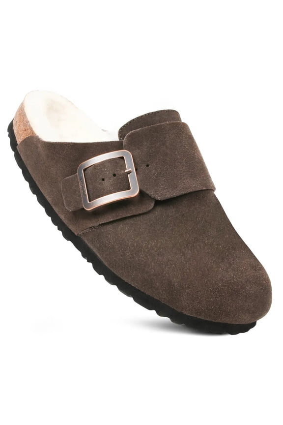 Atlas Fur Women’s Genuine Leather Fur Lined Clogs with Arch Support – Cozy Suede Mules with Cork Footbed, Wool Lining & Adjustable Buckle for All-Day Comfort