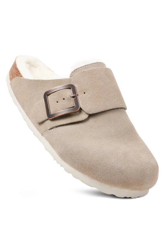 Atlas Fur Women’s Genuine Leather Fur Lined Clogs with Arch Support – Cozy Suede Mules with Cork Footbed, Wool Lining & Adjustable Buckle for All-Day Comfort