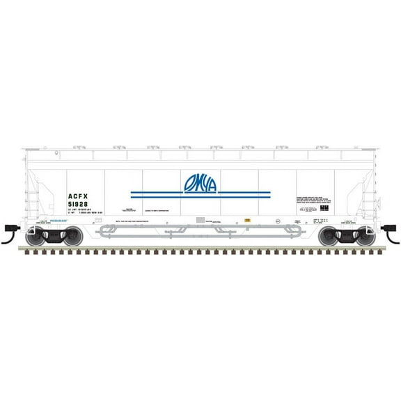 Atlas HO Scale Pressureaide Centerflow Hopper OMYA/ACFX #51066 (White/Blue)