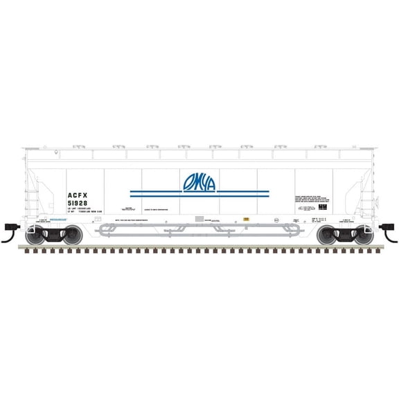 Atlas HO Scale Pressureaide Centerflow Hopper OMYA/ACFX #51761 (White/Blue)