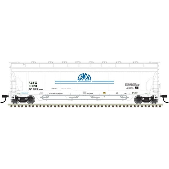 Atlas HO Scale Pressureaide Centerflow Hopper OMYA/ACFX #51928 (White/Blue)