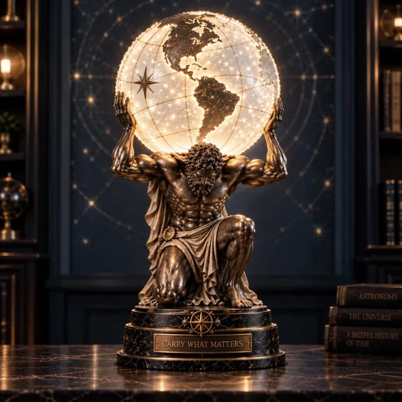 Atlas Illuminated World Sphere Lamp, Classical Atlas Holding Globe Table Lamp with Warm Ambient Light, Mythology-Inspired Sculptural Desk Decor for Office Study Library Living Room and Gift
