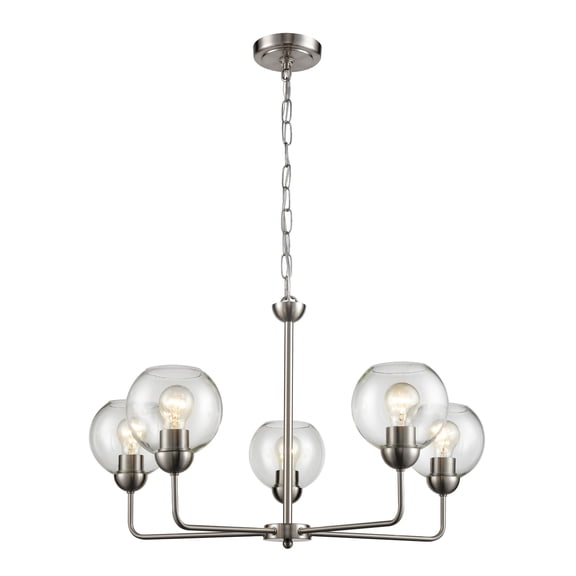 Atlas Lighting and Home 5-Light Curved Arm Chandelier with Clear Glass Globe - 28" - Brushed Nickel
