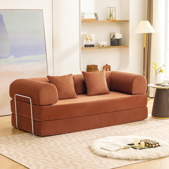Atlas Mattress Perri Rustic Brown 79" Modular Compressed Sofa with Corduroy Upholstery, Lumbar Pillows & Metal Support