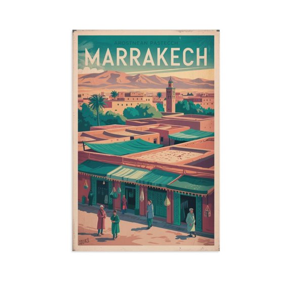Atlas Mountains Classic Poster Retro Marrakech Cityscape with Cultural Landmarks Canvas Poster