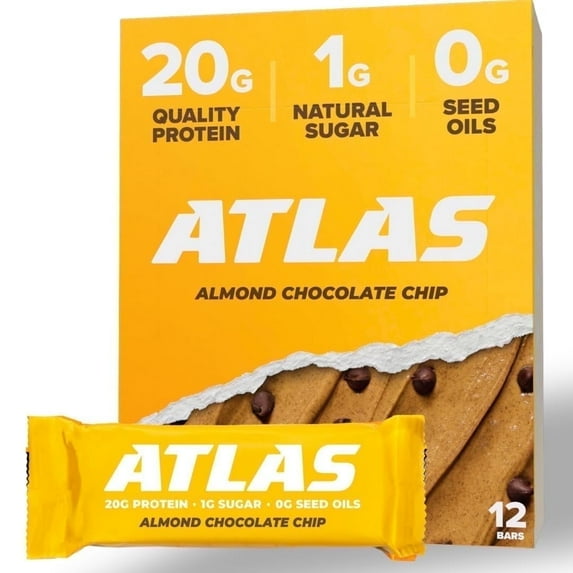 Atlas Protein Bar, Almond Chocolate Chip, 20g Protein, 1g Sugar, 0g Seed Oil, 12-Pack