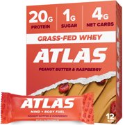 Atlas Protein Bar, 20g Protein, 1g Sugar, Clean Ingredients, Gluten Free, Peanut Butter Raspberry, 12 Count