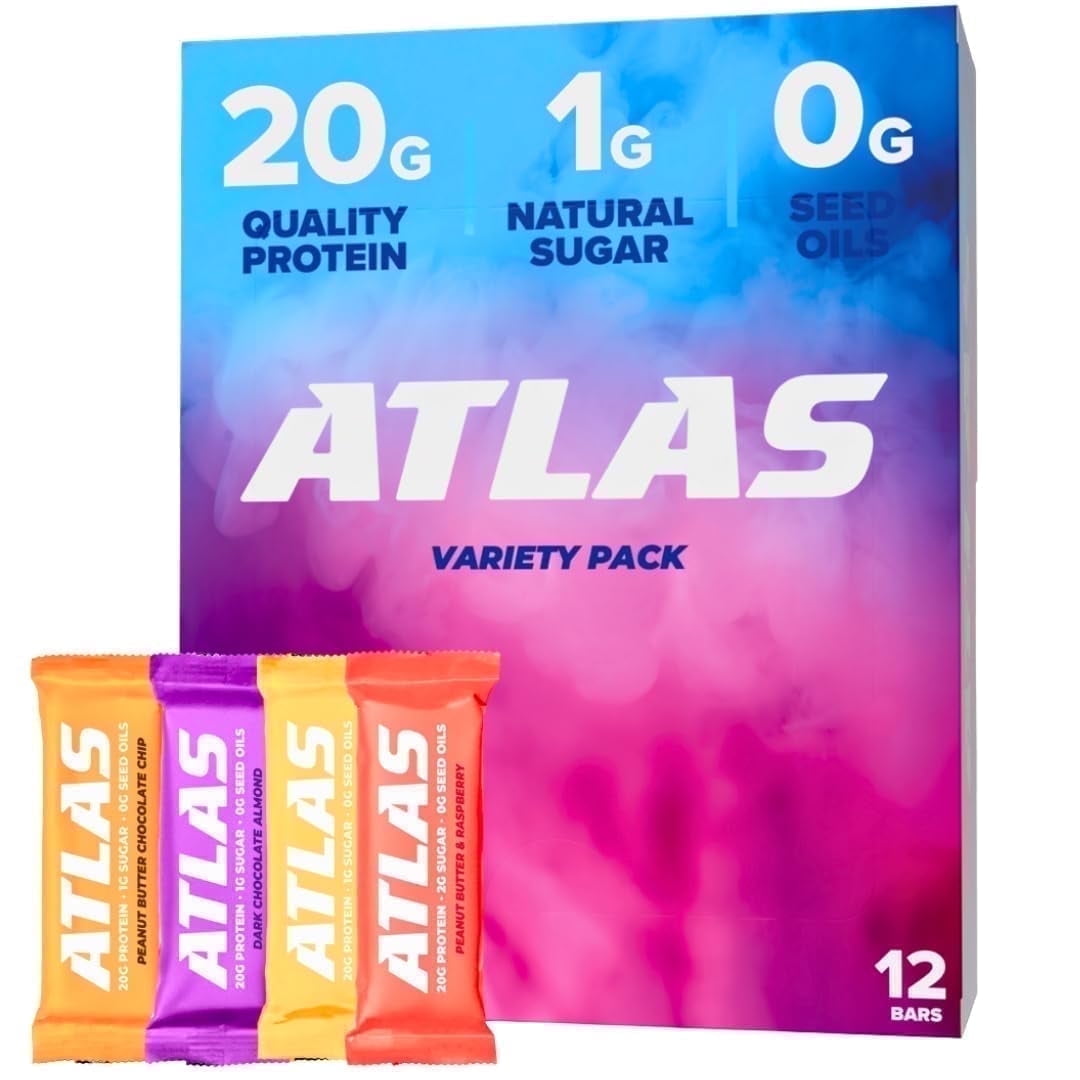 Atlas Protein Bar, Ultimate Whey Variety Pack, 20g Protein, 1g Sugar, 0g Seed Oil, 12-Pack