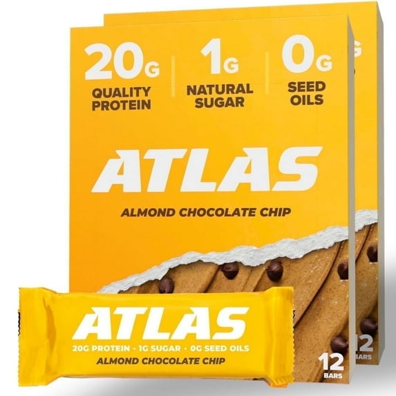 Atlas Protein Bar, Almond Chocolate Chip, 20g Protein, 1g Sugar, 0g Seed Oil, 12-Pack (2 Count)
