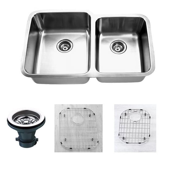 Atlas Undermount 18 Gauge Stainless Steel 32" 55/45 Double Bowl Kitchen Sink with Grid and strainer