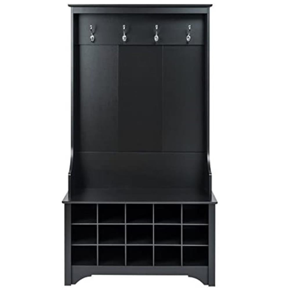 Black Engineered Wood Hall Tree with Shoe Storage and Coat Hooks