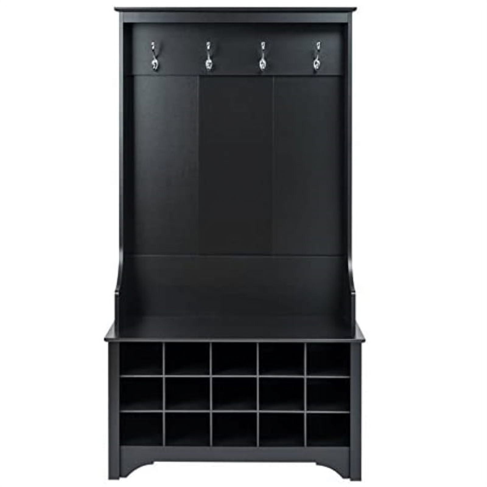 Black Engineered Wood Hall Tree with Shoe Storage and Coat Hooks