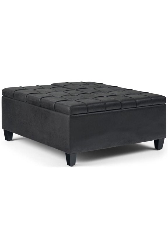 36" Transitional Square Coffee Table Ottoman in Black Faux Leather