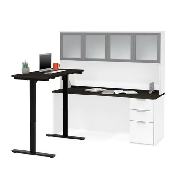 Atlin Designs Adjustable L Desk with Hutch in Deep Gray and White