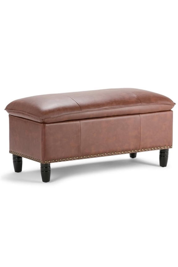 Faux Leather Pillow Top Storage Bench in Cognac