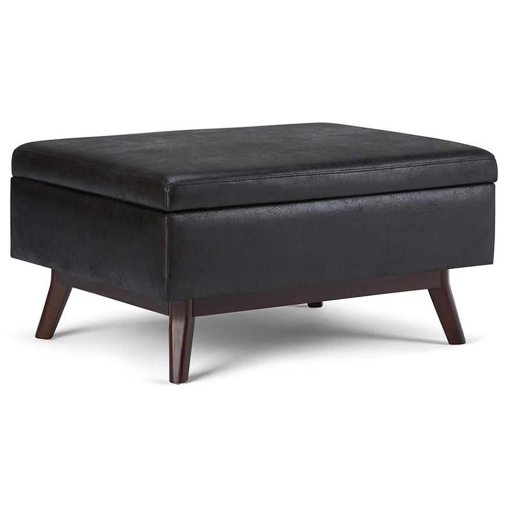 Mid-Century Modern Distressed Black Wood Rectangular Storage Ottoman