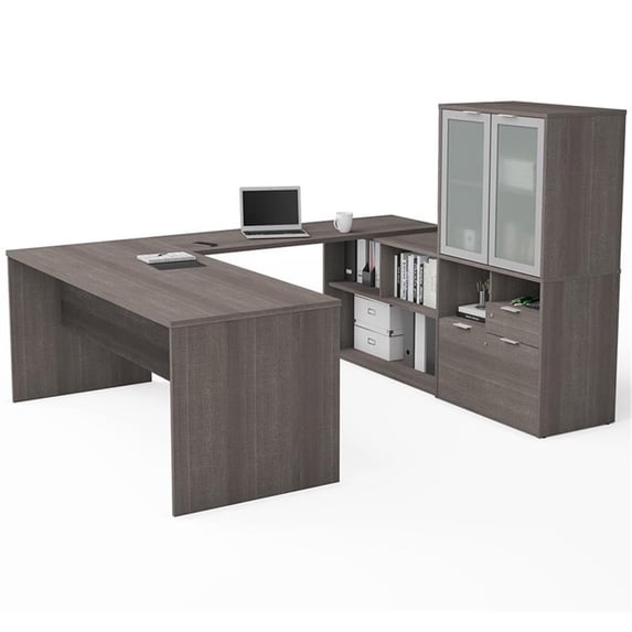 Atlin Designs U Shape Computer Desk with Hutch in Bark Gray