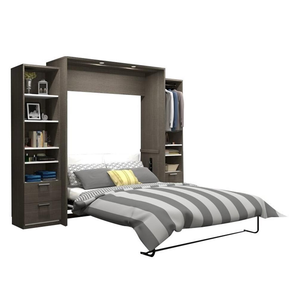 Atlin Designs Wood Queen Murphy Bed and Narrow Storage in Bark Gray ...