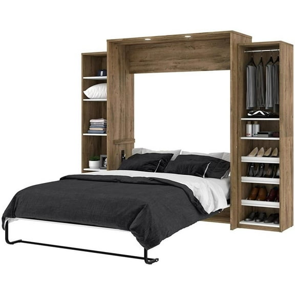 Atlin Designs Wood Queen Murphy Bed with Narrow Storage in Rustic Brown/White