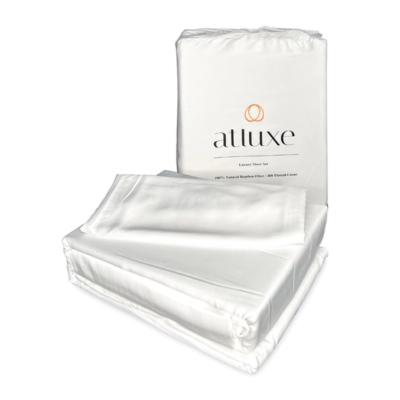 Atluxe Premium Viscose Bamboo Sheet Set. 4-Piece Luxury Bedding, White, Queen