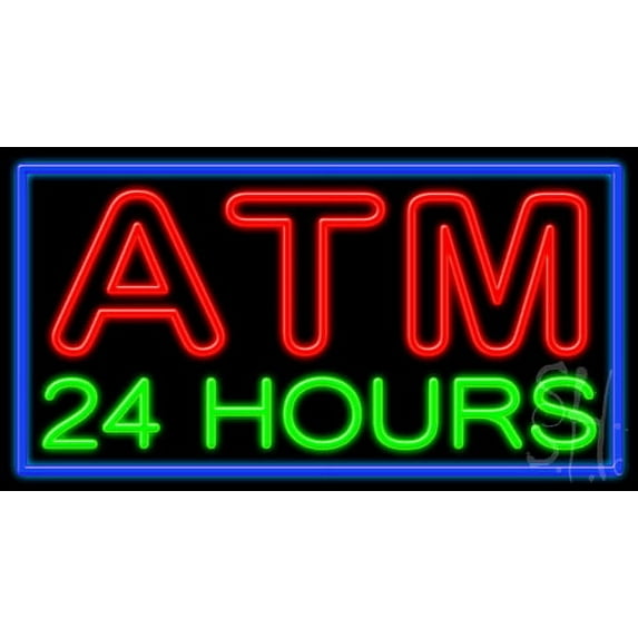 Atm 24 Hours LED Neon Sign 20 x 37 - inches, Black Square Cut Acrylic Backing, with Dimmer - Bright and Premium built indoor LED Neon Sign for Defence Force.