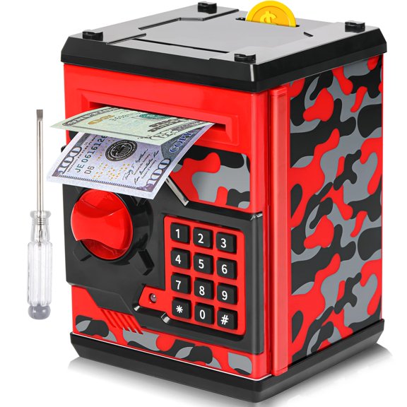 Atm Piggy For  Mini Money Saving Box With Password Safe Jar Adults Auto Grab Bill Slot Great Gift Kids(camouflage Red)