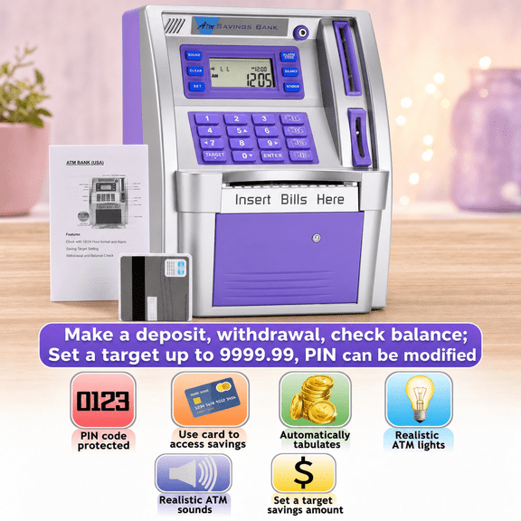 Atm Piggy For With Power-off Memory And Debit Card Real Money Onekey Shutdown Recognition Target Setting Bill Feeder Balance Calculator Electronic Savingshine Box