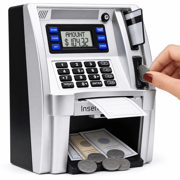 Atm Piggy For With Power-off Memory And Debit Card Real Money Onekey Shutdown Recognition Target Setting Bill Feeder Balance Calculator Savingshine Box