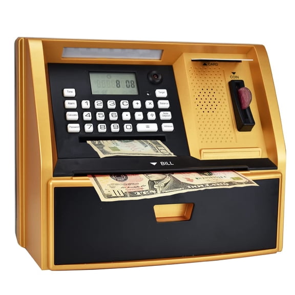 Atm Savings With Debit Card Electronic Piggy For Real Money Recognition Targets Setting Password Login Voice Prompt Great Gift (golden/black)