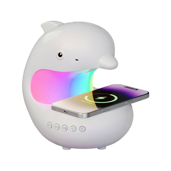 Atmosphere Lamp with Wireless Charger Cute Dolphin Table Lamp with Speakers & Timing RGB Bedside Lamp with Adjustable Night Light, Cordless Night Light for Bedroom