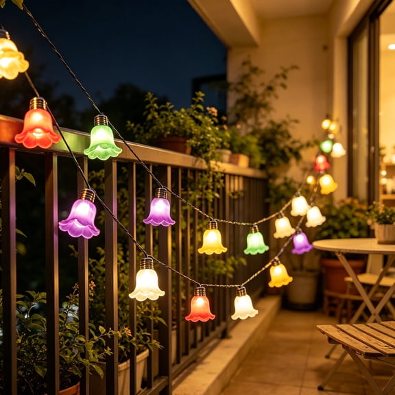 Atmospheric Camping Skirt Lights Flower Shaped Lamp Decorative Garden Lights Outdoor String Lights for Patio, Balcony, Fence, Tree Decor, 78.74 Inch, Multicolor, Plastic, Batteries Not Included