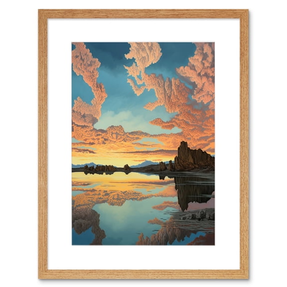 Atmospheric Cloud Reflections Early Morning Dawn at Mono Lake Modern Watercolour Painting Artwork Framed Wall Art Print 9X7 Inch