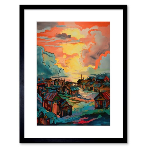 Atmospheric Clouds Over Mono Fishing Village Cabins at Dawn Modern Watercolour Painting Artwork Framed Wall Art Print 9X7 Inch