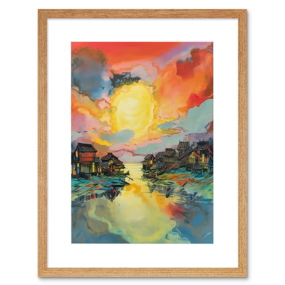 Atmospheric Clouds Over Mono Lake Fishing Village at Dawn Modern Watercolour Painting Artwork Framed Wall Art Print 9X7 Inch