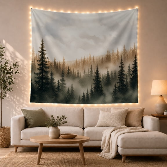 Atmospheric Forest Enveloped with Thick Mist Foreground Middle, Mystical Fantasy for Space Lovers, Galaxy Room Decor, Housewarming Gift, Tapestry Wall Hanging for Bedroom and Dorm