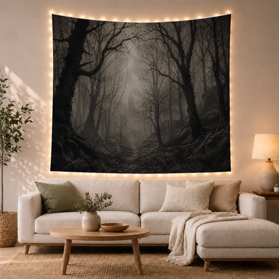 Atmospheric Forest Monochromatic with Blacks Charcoal Greys Misty, Spooky Gothic for Gothic Decor Fans, Dark Art Decor, Halloween Gift, Tapestry Wall Hanging for Bedroom and Dorm