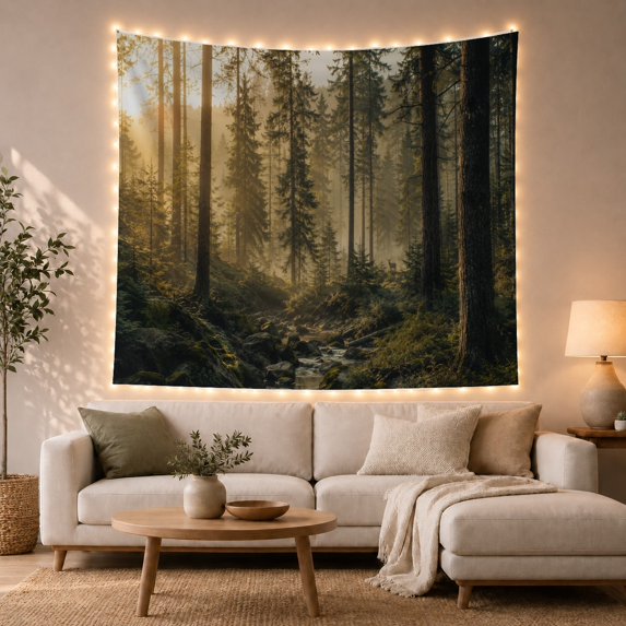Atmospheric Forest Tall with Straight Evergreen Trees Trunks, Mystical Fantasy for Space Lovers, Galaxy Room Decor, Housewarming Gift, Tapestry Wall Hanging for Bedroom and Dorm
