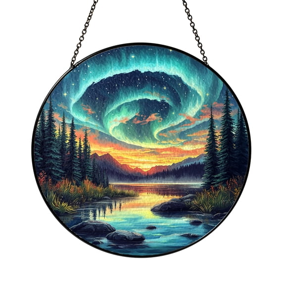 Atmospheric Landscape Stained Glass Style Window Hanging, Aurora Sky Art Panel, Decorative Glass Style Window Decor for Artistic Home Accent