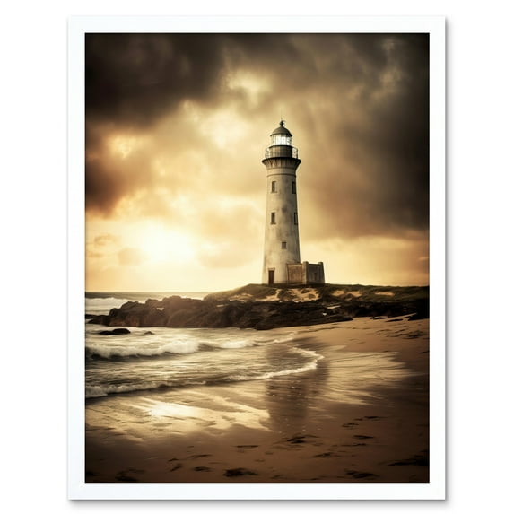 Atmospheric Lighthouse Photo Beach Sepia Photograph Atmospheric Sunset Seascape Art Print Framed Poster Wall Decor 12x16 inch