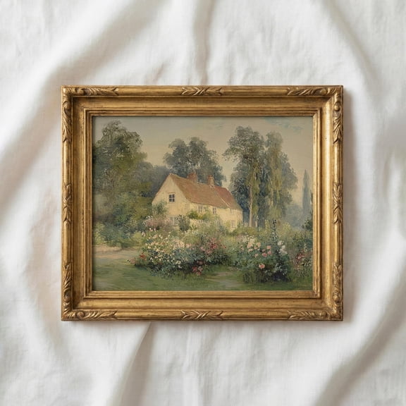 Atmospheric Rural Cottage Scene Wall Decor, Neutral Tone Landscape Illustration for Calm Home Design, Size 24x36 Unframed Poster