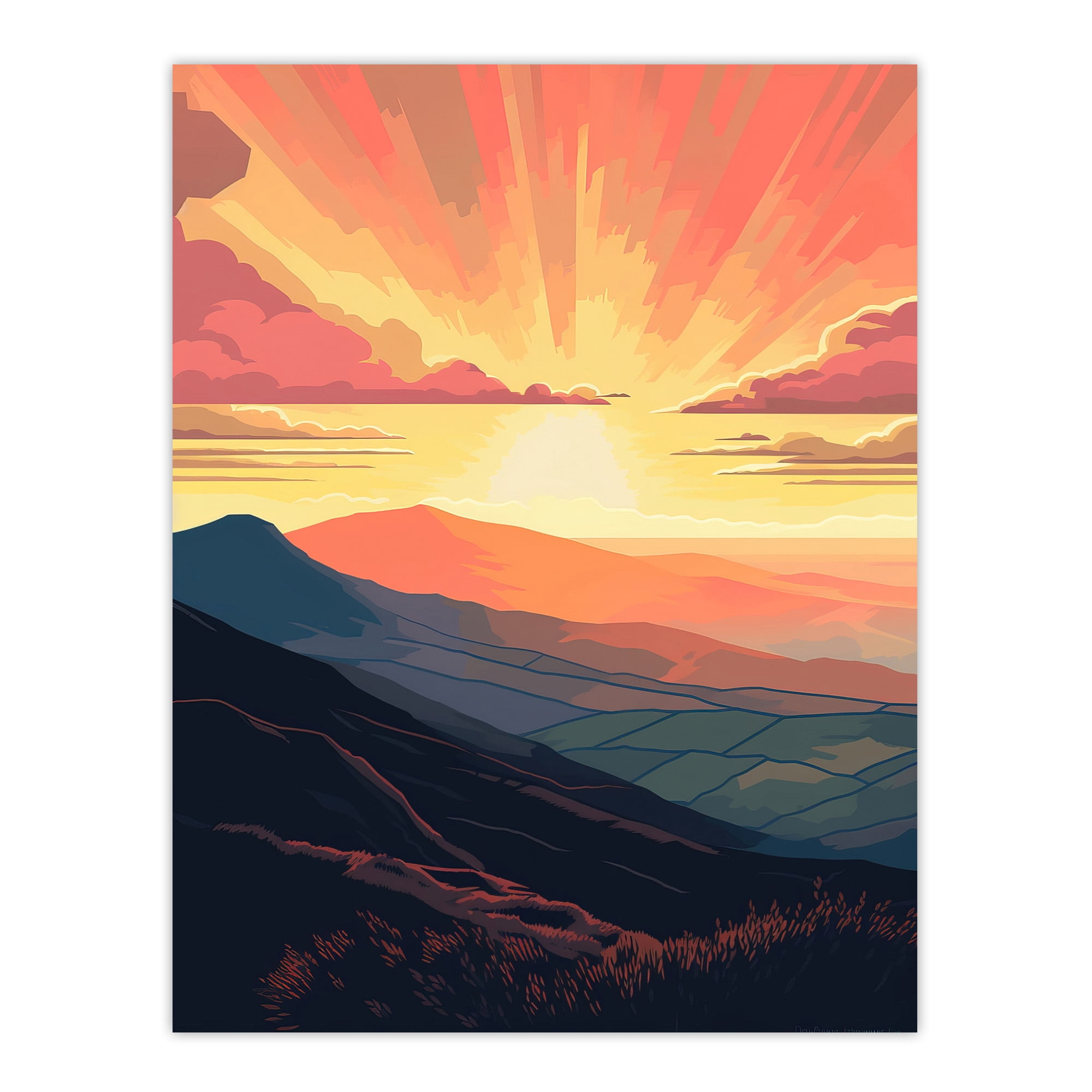 Atmospheric Sunrise over the Hills Colourful Artwork Countryside