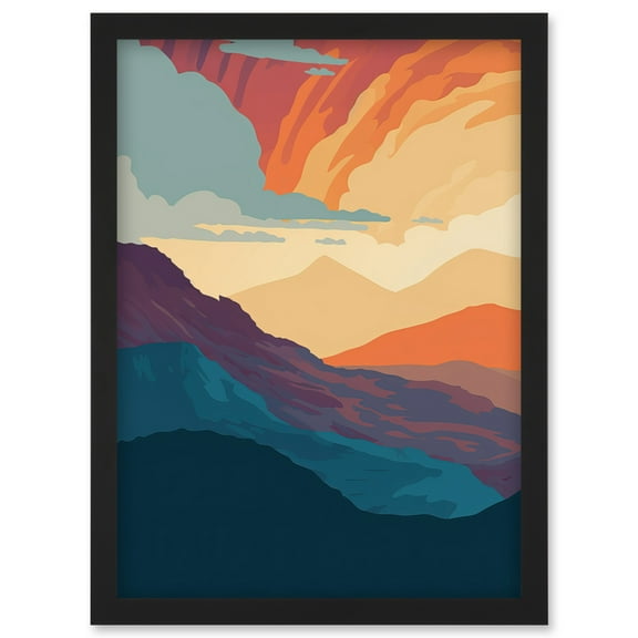 Atmospheric Sunset Sky Serene Mountain Landscape Artwork Framed Wall Art Print A4