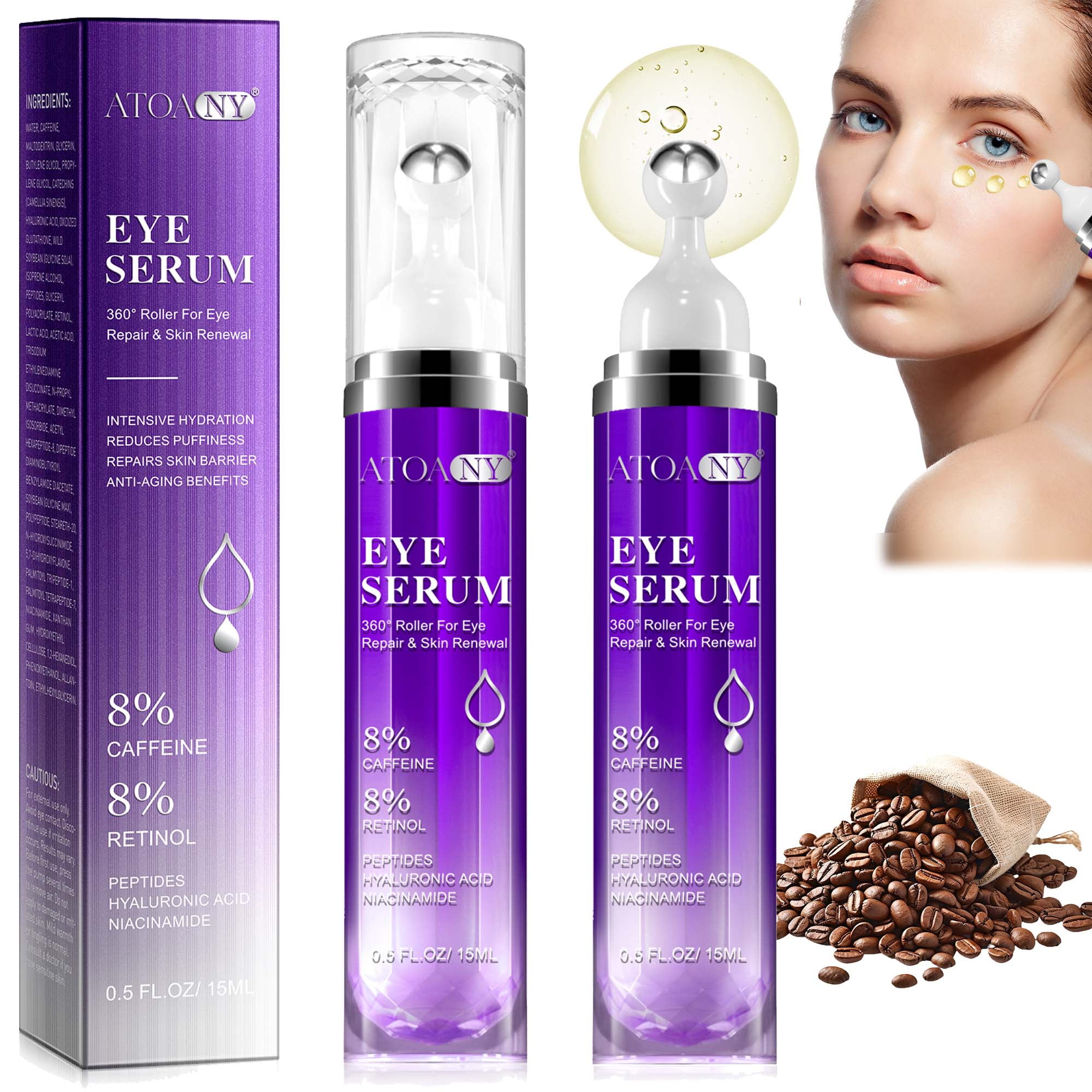 Atoany 2-Pack Eye Serum 8% Caffeine Retinol with Stainless Roller