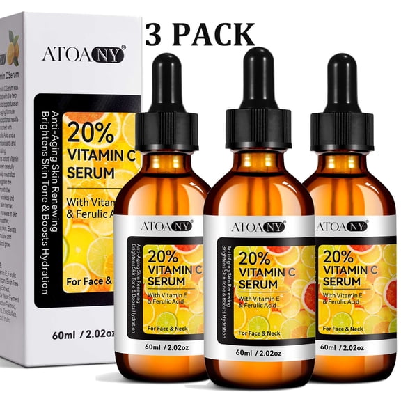 Atoany 3Pack 20% Vitamin C Serum, Anti Aging Face Essence with Vitamin E, Ferulic Acid, Collagen, Firm Skin - Hydration - Antioxidant - Even Tone