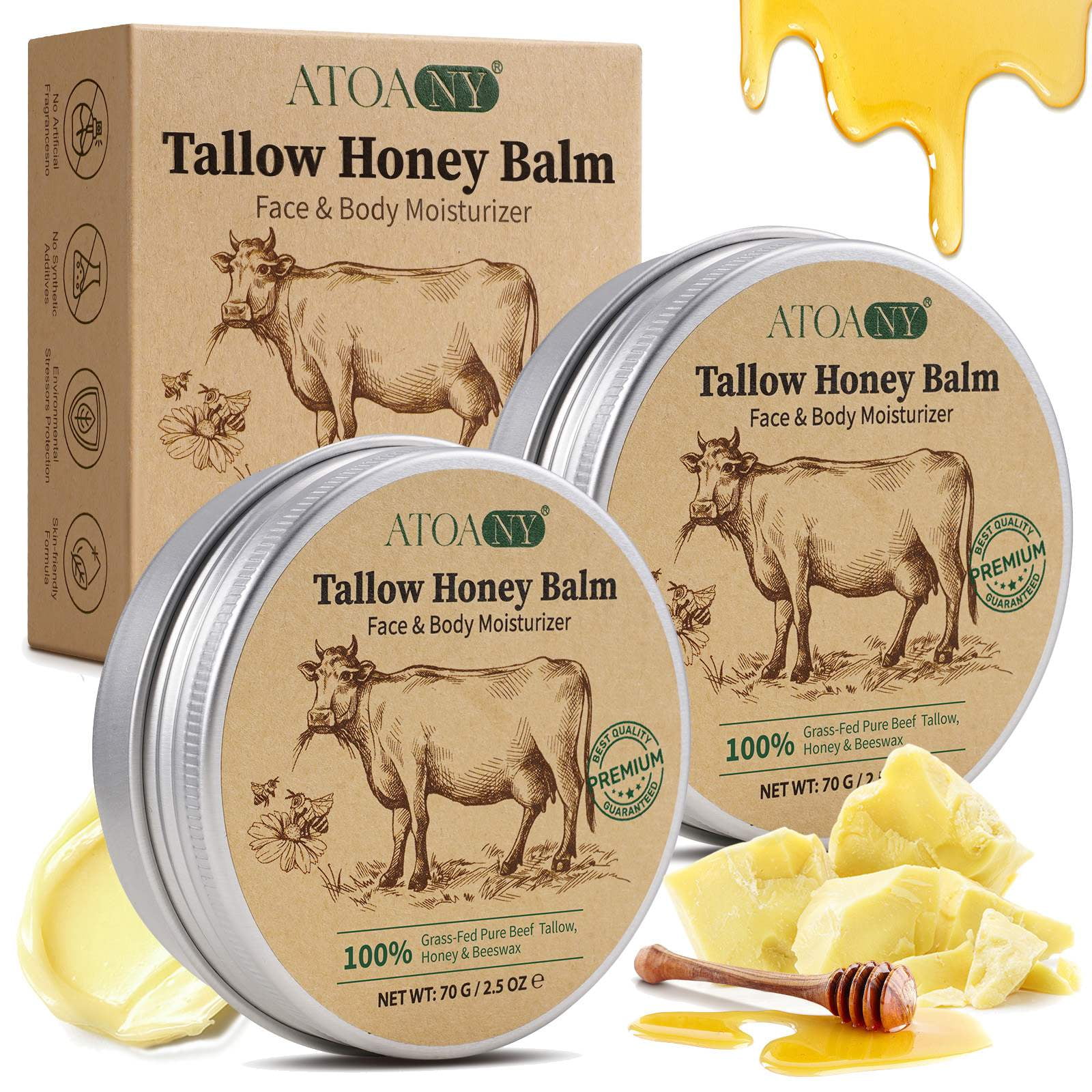 Atoany Tallow Honey Balm, 100% Grass-Fed Pure Beef Tallow, Deep Moisturizing & Hydrating, Helps Reduce Fine Lines, Lightweight Packaging, Suitable for Outdoor Carrying, 2.5 oz * 2Pack