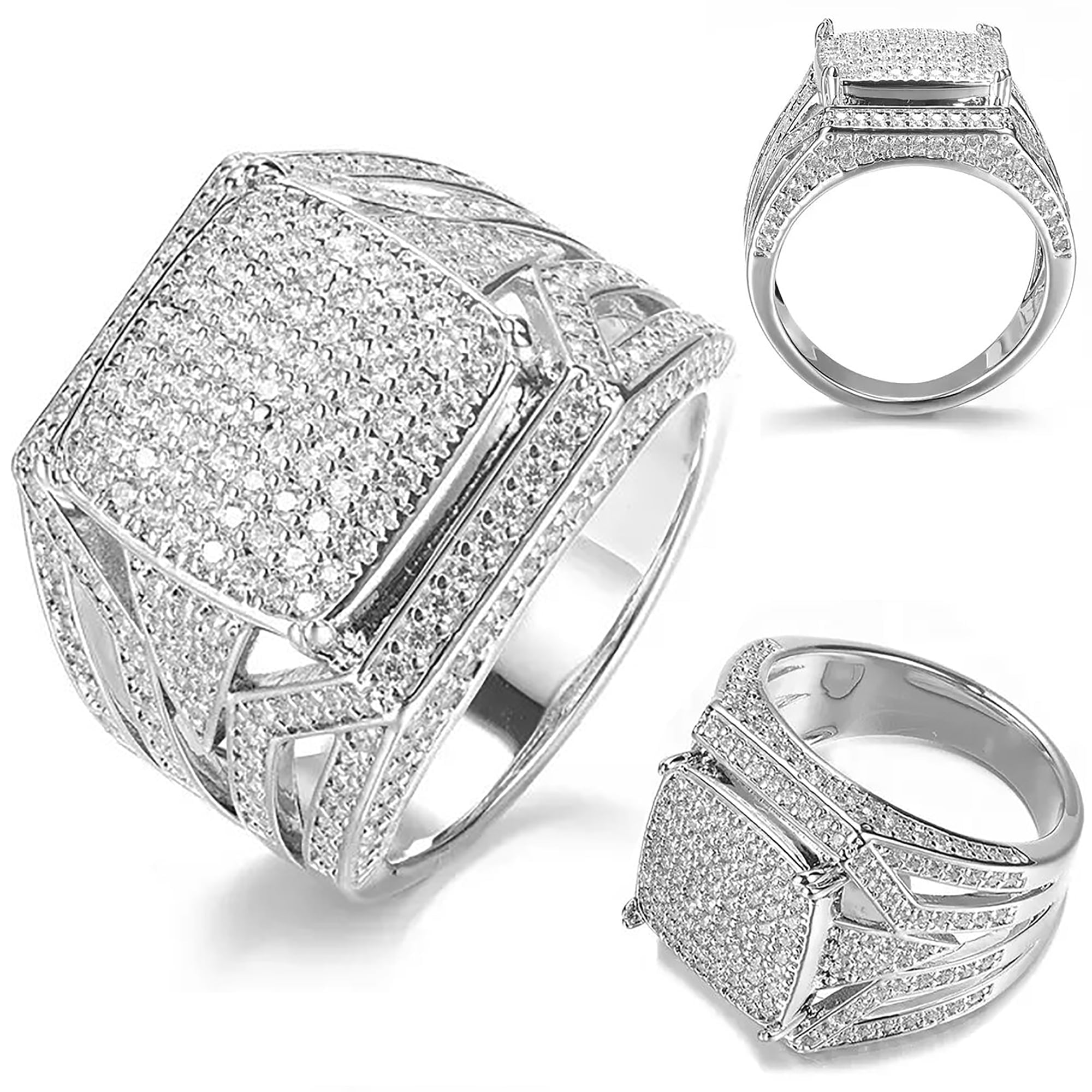 Atobao 18K Gold Plated Cluster Square Full Diamond Ring Men's Bling ...
