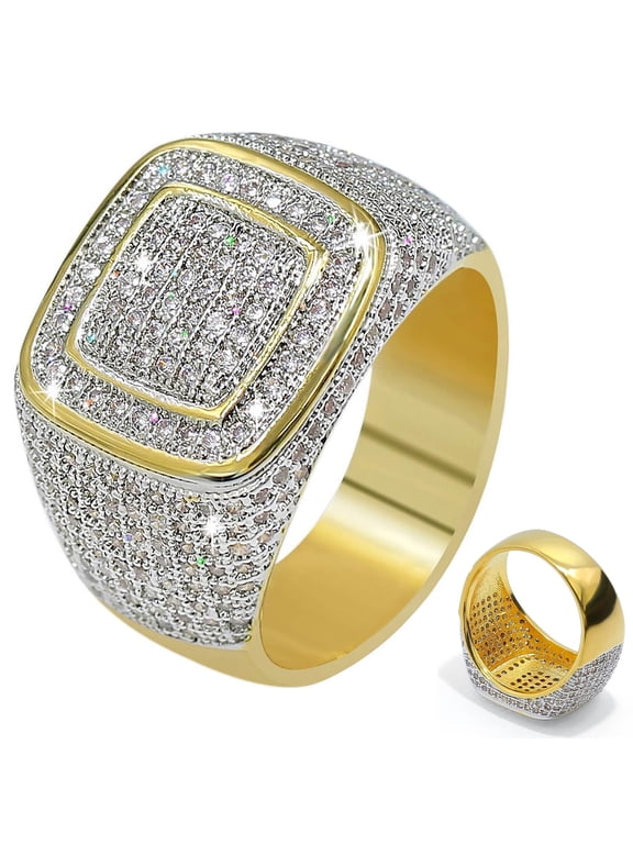 Mens Bling Party Ring - 18k Gold Plated Iced Out Lab Simulated Diamond Ring - Hip Hop Style Men's Cubic Zirconia Jewelry