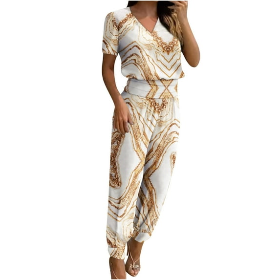 Atogsazn 2 Piece Lounge Sets Women Summer Outfits Casual Round Neck Pattern Solid Short Sleeve Blouse +Loose Jogger Pants Sets Gold M on Clearance
