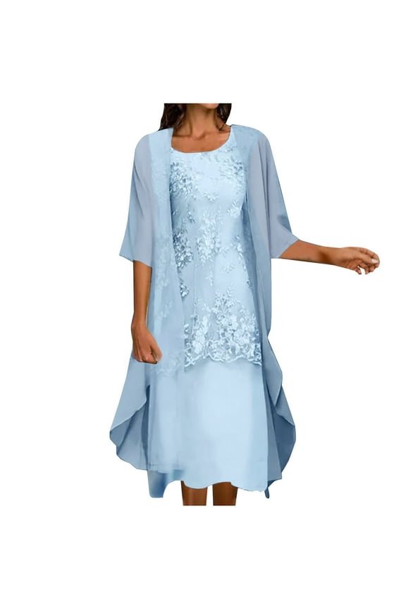 2 Piece Set Dresses for Women Wedding Guest Elegant Dress Clothing Flowy Floral Print Plus Size Crewneck Dress A-Blue XXL